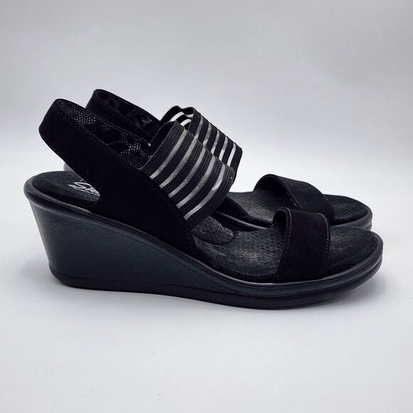 Sketchers Womans Size 8.5 Rumblers Sci-Fi Black Memory‎ Foam Wedge Sandals 38472 - Picture 1 of 9